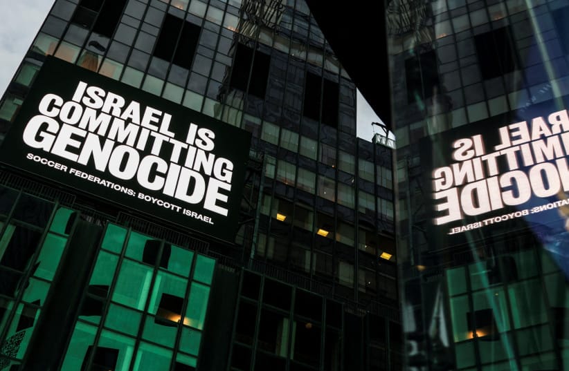A billboard in Times Square displays the message ''Israel is committing genocide'' as part of the campaign by Game Over Israel calling for a boycott of Israel by national soccer federations over the war in Gaza, in New York City, U.S., September 16, 2025.