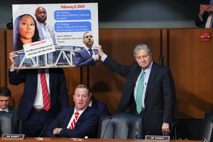 Sen. Eric Schmitt (R-Mo.) presenting a poster that he thought presented proof of perjury against special counsel Jack Smith at the Senate Judiciary Committee Tuesday.