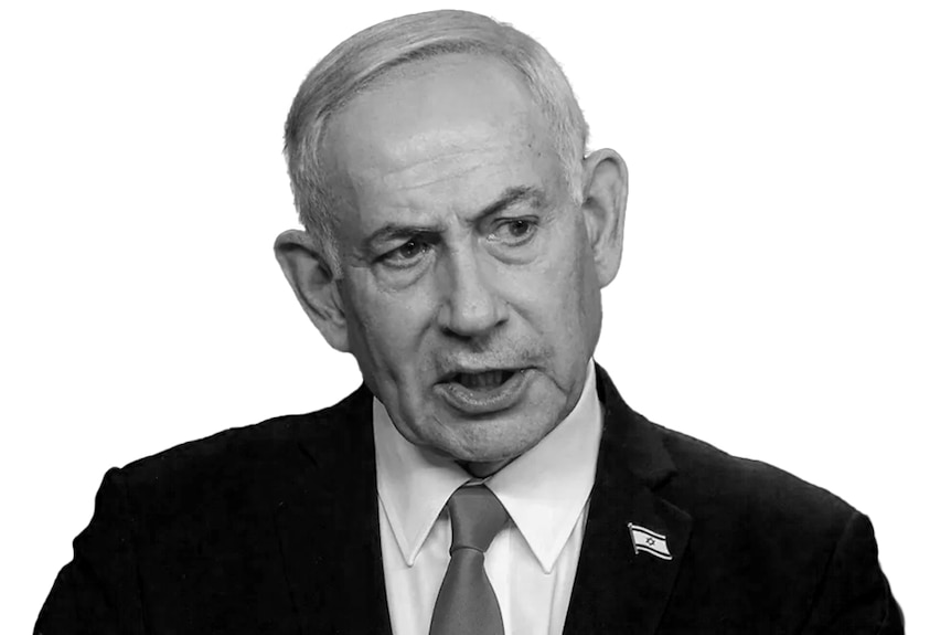 A black and white photo of Benjamin Netanyahu.
