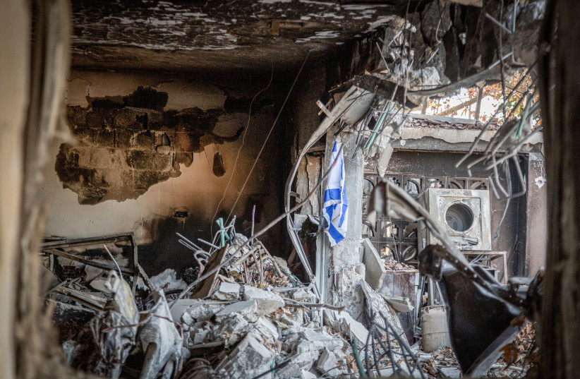 Scenes of houses destroyed by Hamas terrorists in Kibbutz Be'eri during the massacre of thousands of Israelis on October 7, taken October 25, 2023