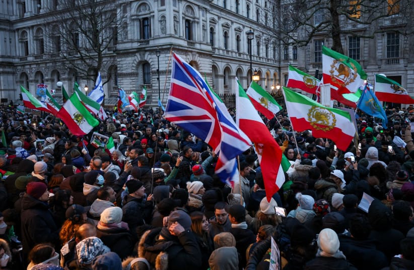 Demonstrators gather as Stop the Hate UK holds a protest calling on British Prime Minister Keir Starmer to support the Iranian people, proscribe the Islamic Revolutionary Guard Corps (IRGC) and free Iran from the Islamic Republic, outside Downing Street, London, Britain, January 11, 2026