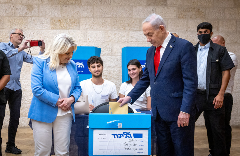 Israeli prime minister Benjamin Netanyahu and his wife Sara arrive to cast their vote at a polling station in Jerusalem on August 17, 2026, as party members vote in the Likud primary elections to determine the party’s Knesset list ahead of the Israeli general elections.