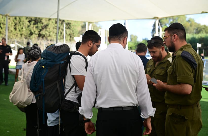 Haredi (ultra-Orthodox) men at the Tel Hashomer IDF base, August 30, 2026.