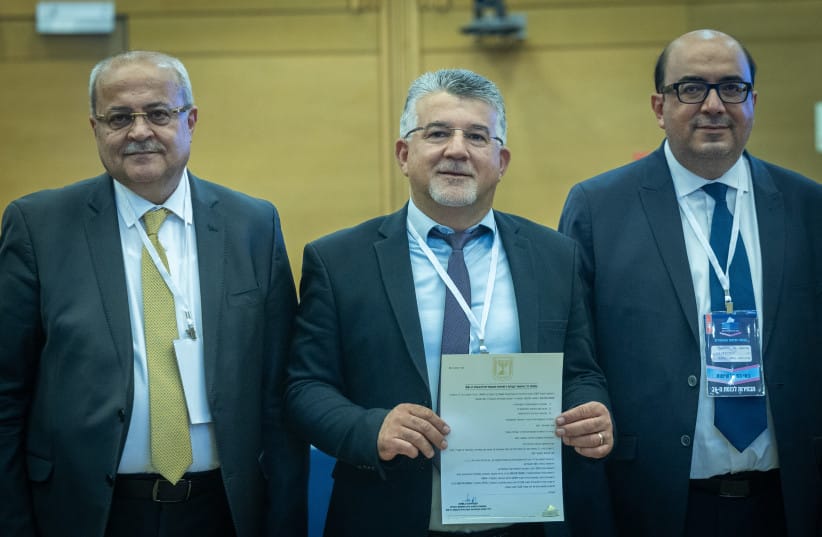 Members of the Joint Arab List Ahmad Tibi, Sami Abu Shehadeh and Yousef Jabareen arrive to submit their party’s candidate list to the Central Elections Committee at the Knesset in Jerusalem, September 8, 2026; illustrative.