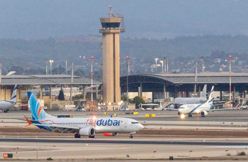 A flydubai plane carrying passengers from flight FZ1073 arrives at Ben-Gurion Airport near Tel Aviv, after a suspected terror attack aboard their original flight from Dubai to Israel forced an emergency landing in Saudi Arabia, September 30, 2026.