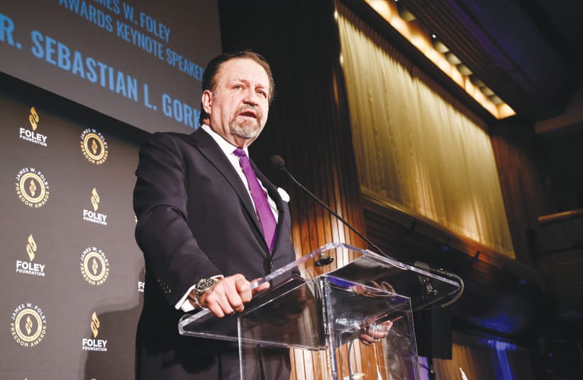 SEBASTIAN GORKA, White House deputy assistant to the president and senior director for counterterrorism, speaks at the James W. Foley Foundation Awards Dinner in May. Gorka urged Israelis not to underestimate President Donald Trump’s willingness to act on Iran.