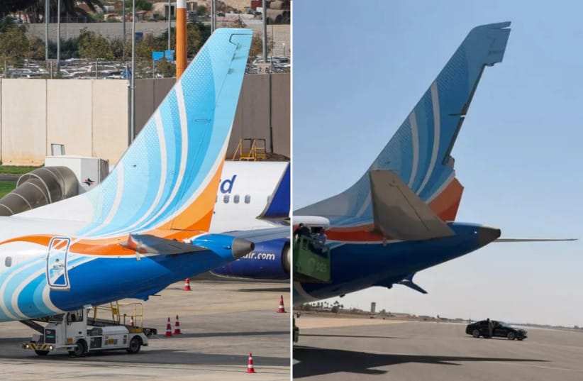 The tail section of an undamaged flydubai 737 MAX aircraft (left) compared to the tail section of FZ1073 after a large section of its rudder broke off following an attempted hijacking on September 30, 2026.