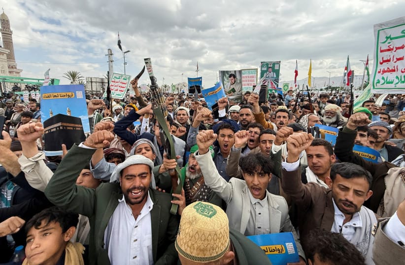 Houthi supporters rally to celebrate advances by Houthi forces along the Red Sea coastline, in Sanaa, Yemen, September 18, 2026.