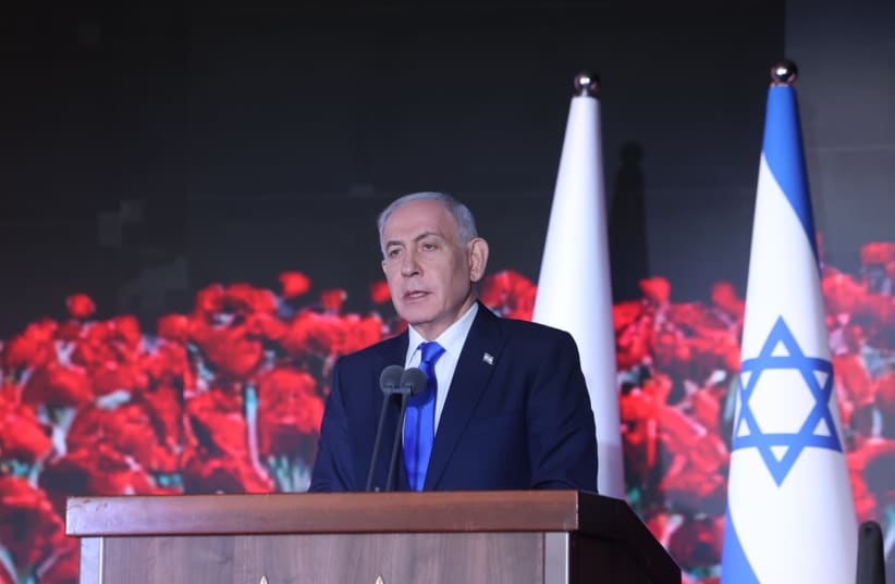 Prime Minister Benjamin Netanyahu at the state ceremony for the three years since October 7.