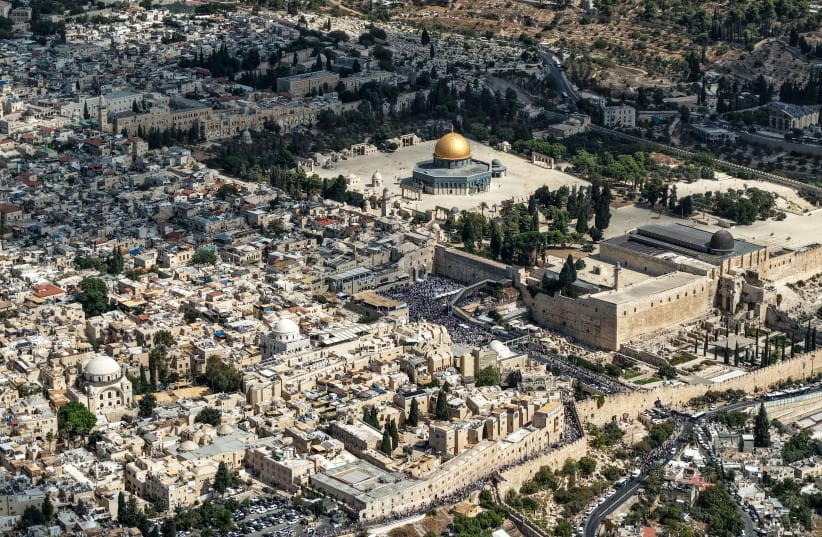 A drone view of Al-Aqsa compound, also known to Jews as Temple Mount, as Jewish worshippers attend the Priestly blessing during the Jewish holiday of Sukkot, at the Western Wall, Judaism's holiest prayer site, in Jerusalem's Old City, September 28, 2026.
