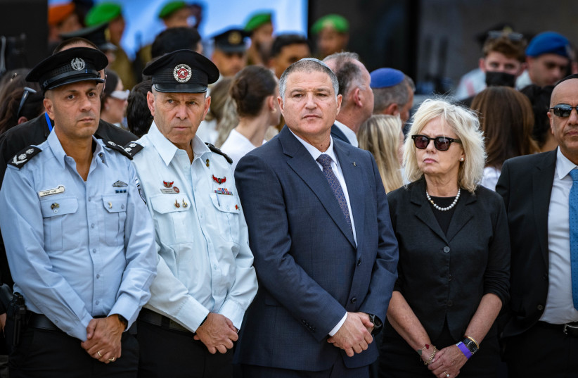 Shin Bet chief David Zini and Attorney General Gali Baharav-Miara attend a state memorial ceremony for civilians murdered in the October 7 Massacre, marking three years since the Hamas attack, at Mount Herzl in Jerusalem, October 5, 2026.