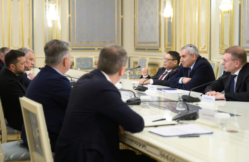 Ukrainian President Volodymyr Zelensky and Israeli politician Ze'ev Elkin lead delegations at a meeting in Kyiv.