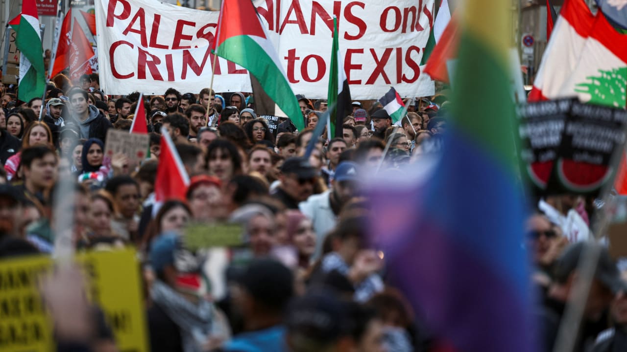 Protesters attend the "United for Palestine" demonstration in Berlin, Germany, October 10, 2026.