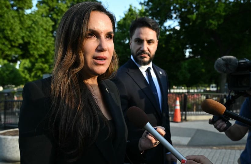 Lebanon Ambassador to the US Nada Hamadeh Moawad speaks to reporters after a meeting with US President Donald Trump, Lebanon Ambassador to the US and Israel Ambassador to the US, at the White House in Washington, DC on April 23, 2026.