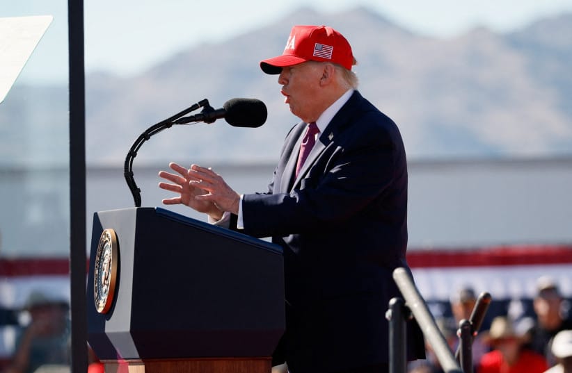 US President Donald Trump delivers remarks during a campaign rally at Laughlin/Bullhead International Airport in Bullhead City, Arizona, US, October 14, 2026.