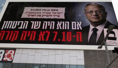 A pre-election billboard of Israel's far-right National Security Minister Itamar Ben-Gvir, bearing the Hebrew text, "If he had been defense minister, October 7 would not have happened," is on display ahead of Israel's general election later this month, in Tel Aviv, Israel, October 6, 2026.