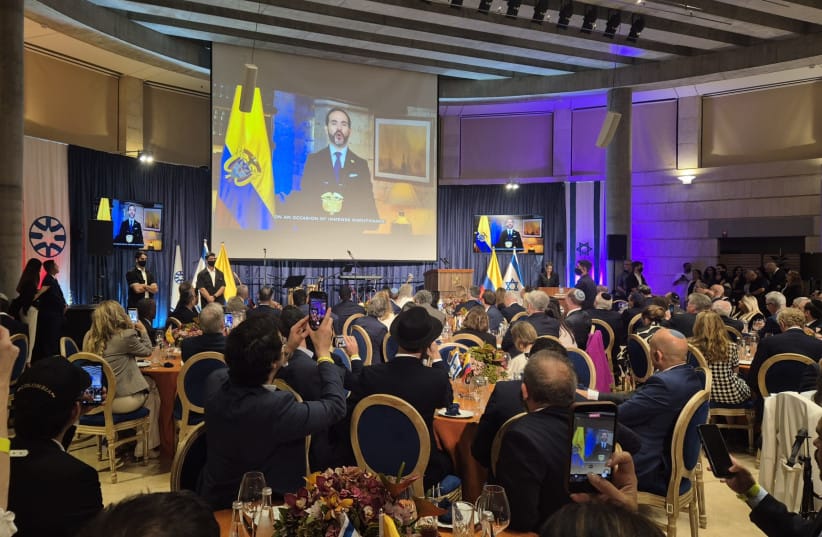 Video Message from President Abelardo de la Espriella.jpeg - In a prerecorded video message, Colombian President Abelardo de la Espriella addresses the celebration at the Israeli Foreign Ministry, Oct. 14, 2026.