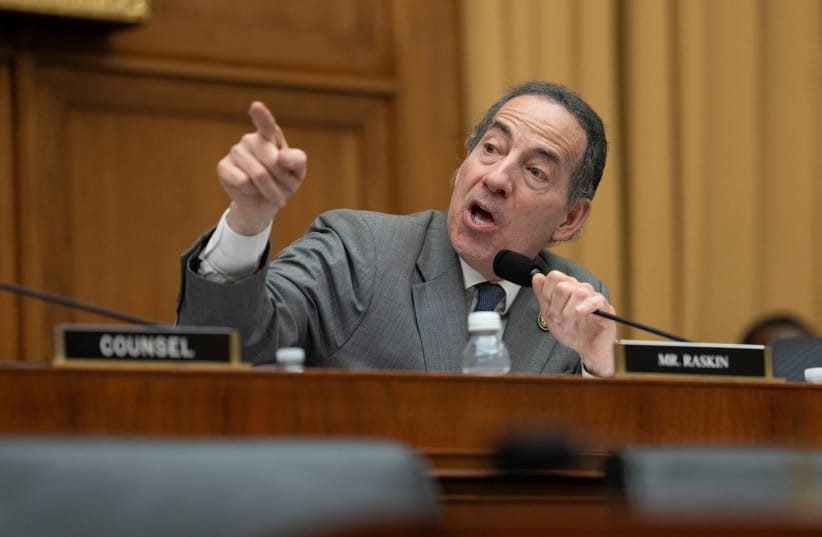 Representative Jamie Raskin (D-MD) has a heated exchange with U.S. Representative Mike Lawler (R-NY), not pictured, during a U.S. House Judiciary subcommittee hearing on sanctuary city policies, on Capitol Hill in Washington, D.C., U.S., June 30, 2026.