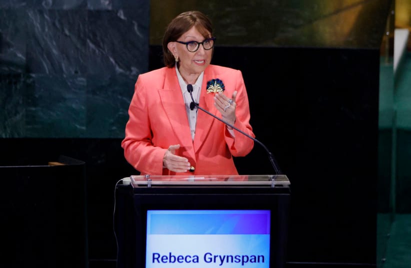 Costa Rican economist and Secretary-General of UNCTAD Rebeca Grynspan, candidate for the United Nations Secretary-General position, speaks during a debate at the UN General Assembly Hall in New York, on July 23, 2026.