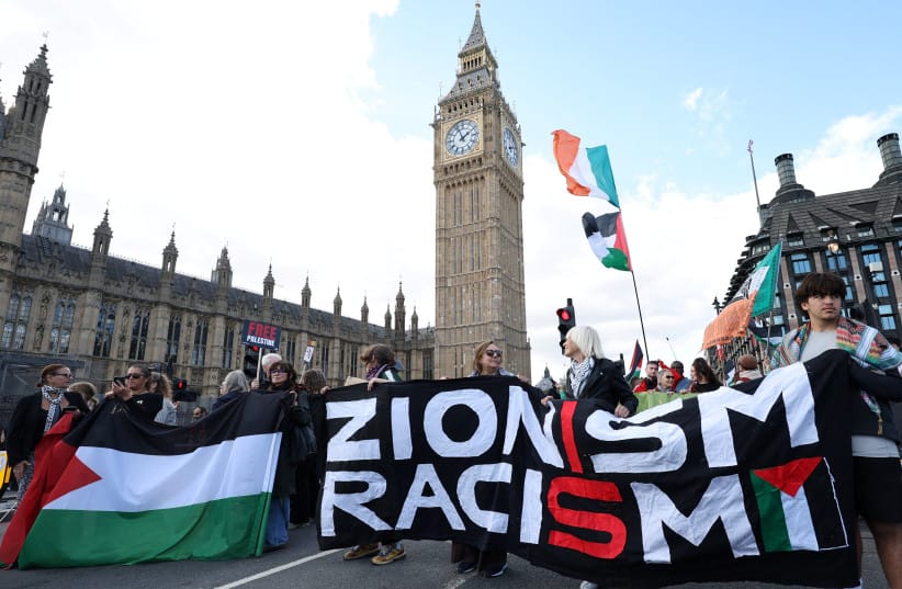 People attend a pro-Palestinian protest march through the city to mark the third anniversary of the war in Gaza, in London, Britain, October 10, 2026.