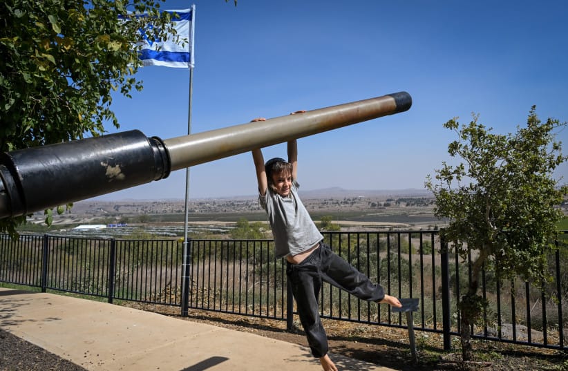 Yom Kippur War veterans and bereaved families of the 22 fallen soldiers of the Nati Force (Ko’ach Nati) gather at a memorial monument overlooking Quneitra, Syria, near Kibbutz Ein Zivan in the Golan Heights, October 8, 2026.