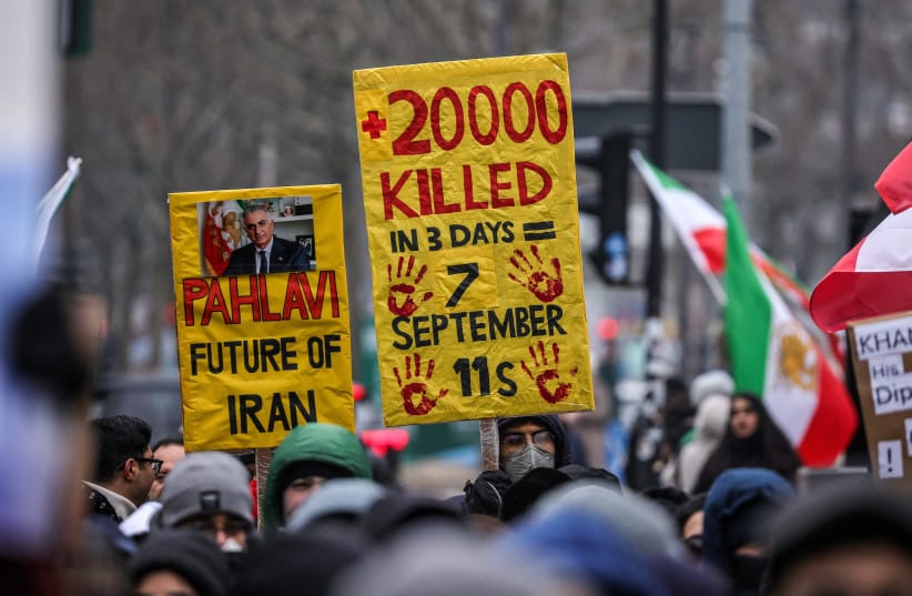 People march in a demonstration held under the motto ''Help Iran. No Business With The Mullahs.'' on January 24, 2026 in Berlin, Germany.