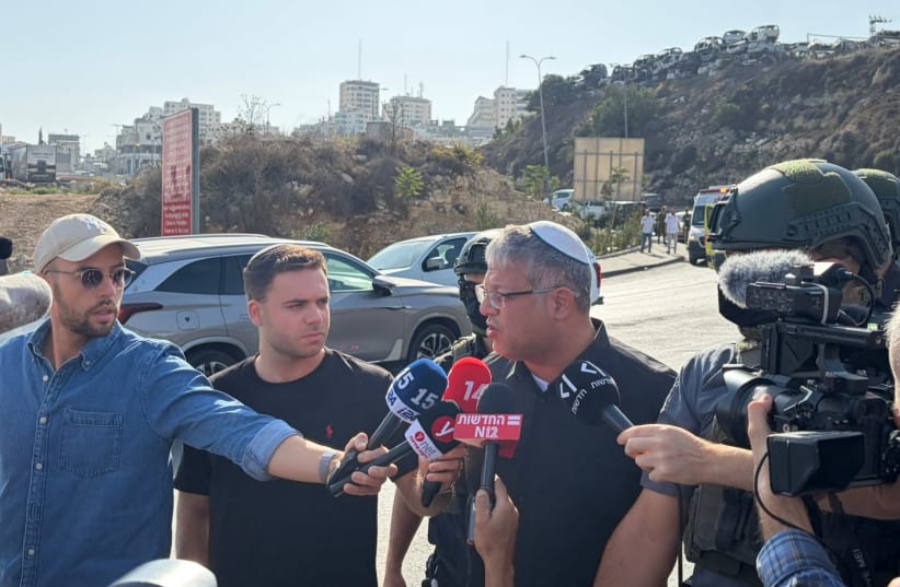 National Security Minister Itamar Ben-Gvir speaks at the scene of a terror attack in the West Bank, October 23, 2026.