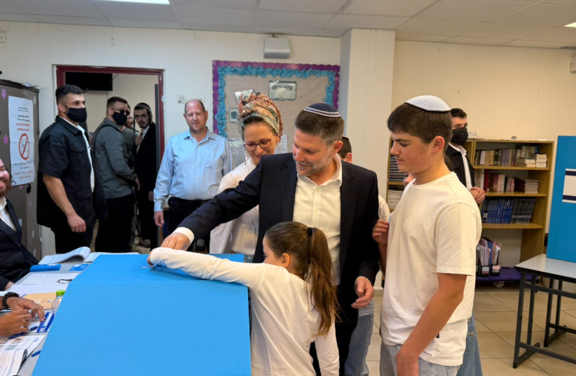 Finance Minister Bezalel Smotrich casting his ballot for the 26th Knesset Election in Kedumim, October 27, 2026.