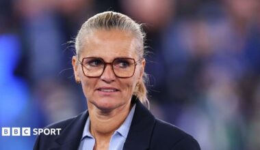Sarina Wiegman on the touchline for England's World Cup play-off match against Greece