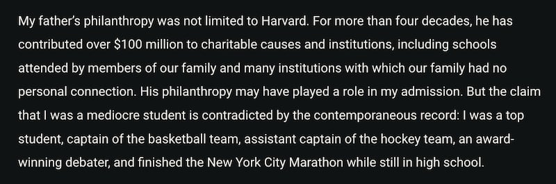 Jared Kushner's post where he admits his dad's donations "may have played a role" in his Harvard acceptance.