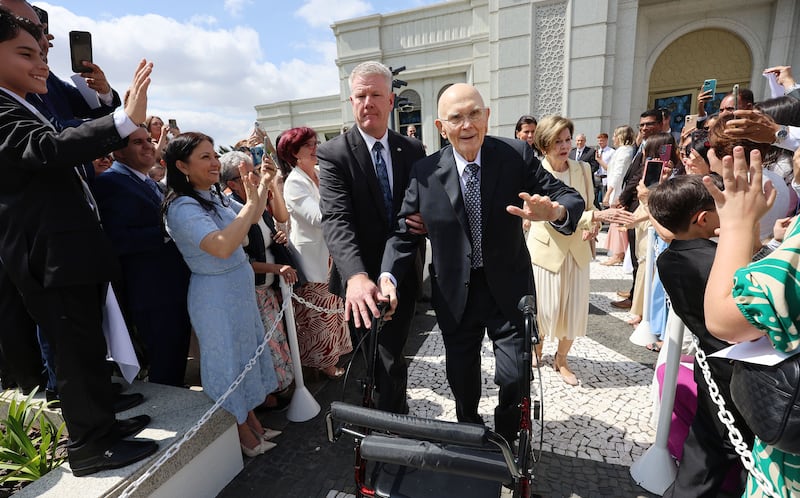 President Dallin H. Oaks of The Church of Jesus Christ of Latter-day Saints and his wife, Sister Kristen M. Oaks, leave the Belo Horizonte Brazil Temple after its dedication in Belo Horizonte, Brazil, on Sunday, Aug. 16, 2026.