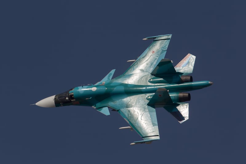 The Sukhoi Su-34 jet fighter-bomber of Russian Air Force performs its demonstration flight at MAKS-2015 airshow near Zhukovsky, Moscow Region, Russia. (Photo by: aviation-images.com/Universal Images Group via Getty Images)