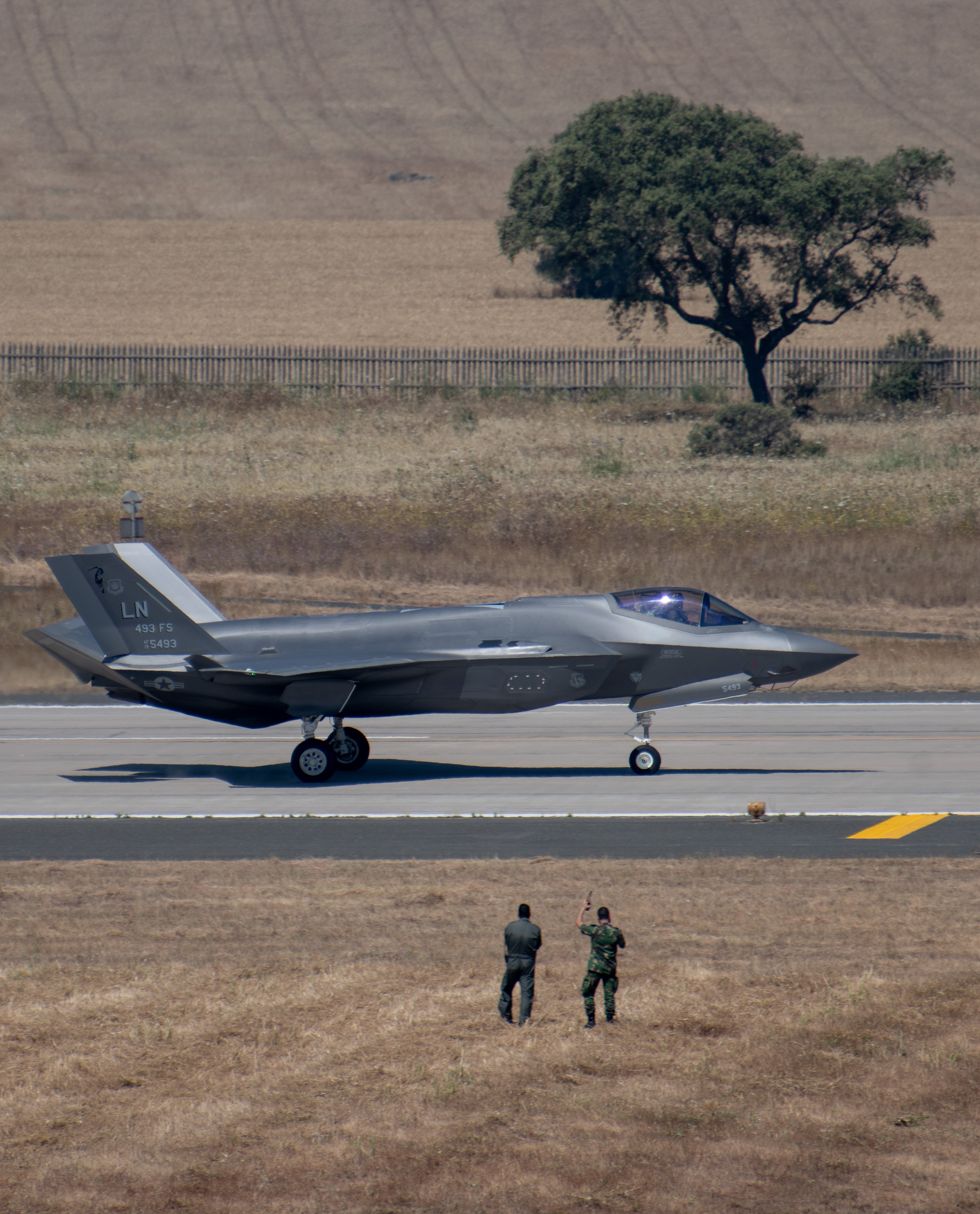 A U.S. Air Force F-35A Lightning II assigned to the 493rd Fighter Squadron taxis on the runway after arriving for the Beja International Airshow at Air Base No. 11 in Beja, Portugal, May 31, 2024. The 48th Fighter Wing's presence at the Beja International Airshow enhances interoperability, showcases seamless joint operations, and promotes the exchange of expertise, improving readiness and capability. (U.S. Air Force photo by Senior Airman Renee Nicole S.N. Finona)