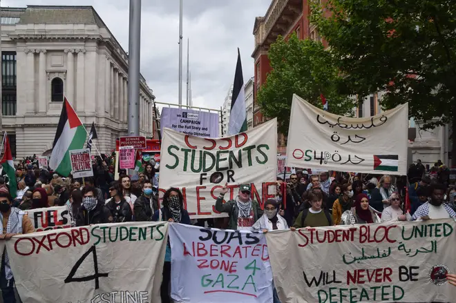 London, UK. 16th May, 2026. Protesters gather with student banners in South Kensington during the Nakba 78 March for Palestine. The march commemorates 78 years of the
