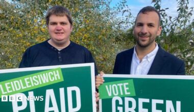 Phil Davies, a man with brown hair, holds a vote Green Party sign translated into Welsh. On the right, party leader Zack Polanski wearing a suit holding a sign encouraging people to vote for the Green Party.