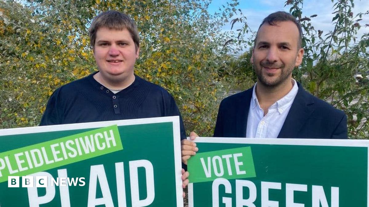 Phil Davies, a man with brown hair, holds a vote Green Party sign translated into Welsh. On the right, party leader Zack Polanski wearing a suit holding a sign encouraging people to vote for the Green Party.