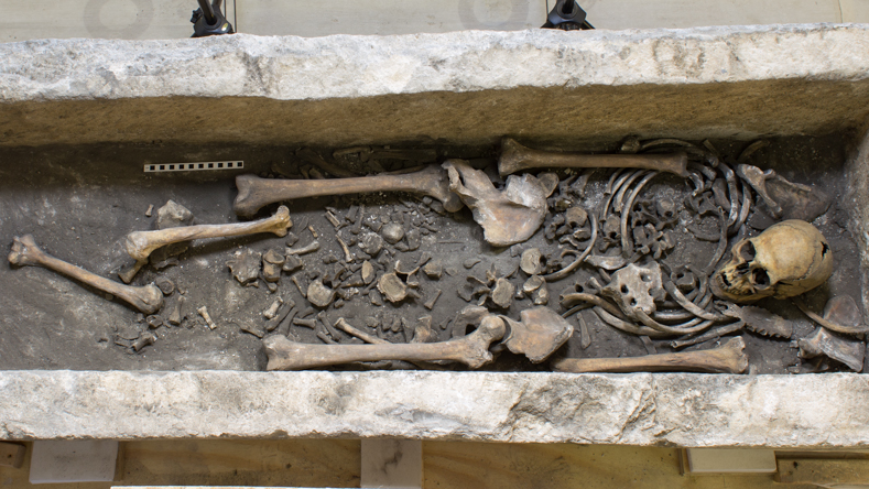 a human skeleton fully laid out in a sarcophagus but with several bones misplaced