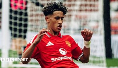 JJ Gabriel celebrates scoring his hat-trick for Manchester United in their UEFA Youth League game against Sabah FK at Leigh Sports Village on 10 September