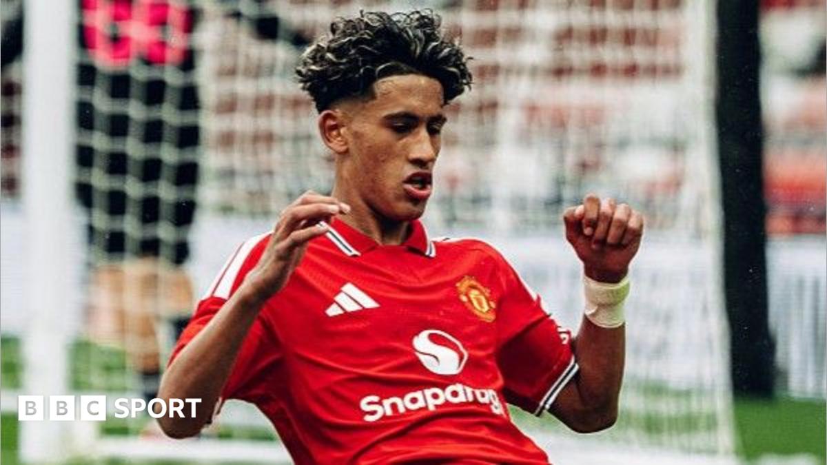 JJ Gabriel celebrates scoring his hat-trick for Manchester United in their UEFA Youth League game against Sabah FK at Leigh Sports Village on 10 September
