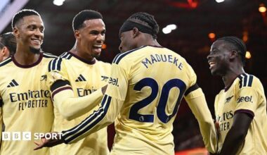 Arsenal players celebrate Noni Madueke's goal for Arsenal