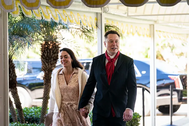 Tesla and SpaceX CEO Elon Musk and venture capitalist Shivon Zilis arrive at Mar-a-Lago on Feb. 1, 2026.