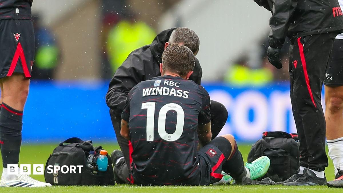 Wrexham forward Josh Windass receives treatment