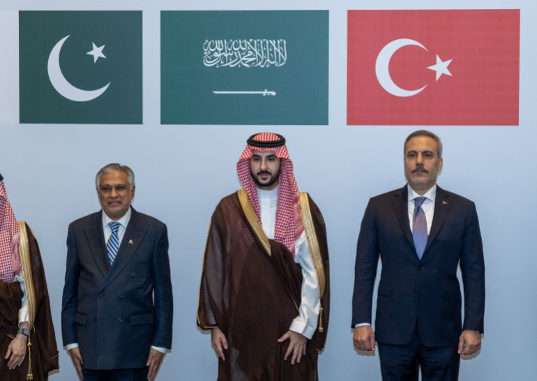 Turkish Foreign Minister Hakan Fidan (R), Saudi Defence Minister Khalid bin Salman and Pakistani deputy foreign minister Ishaq Dar attend a meeting of the Strategic Political and Defence Committee, established under the Mecca Joint Defence Agreement, in Riyadh, Saudi Arabia on October 5, 2026.