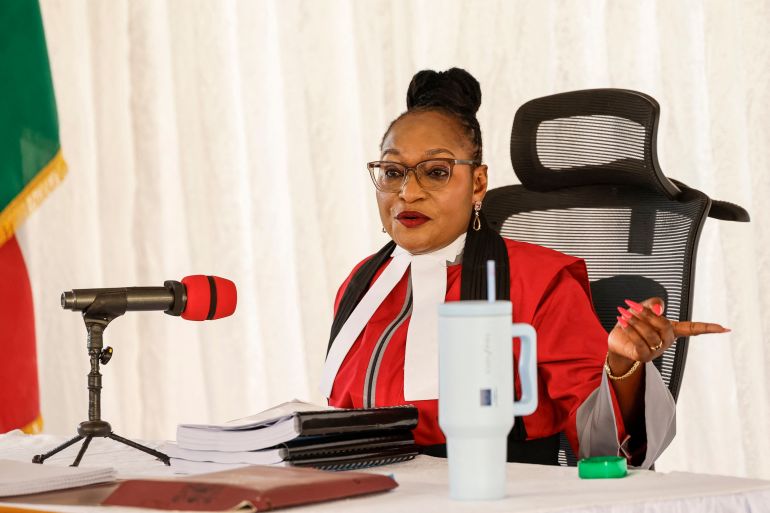 Justice Diana Mochache delivers the judgement during the court appearance of self-proclaimed pastor Paul Mackenzie and his co-accused at the Mombasa Law Courts on October 19, 2026 [AFP]
