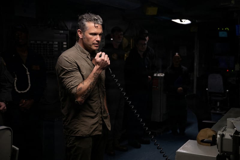 US Defense Secretary Pete Hegseth visits the aircraft carrier USS Abraham Lincoln, returning from its deployment from the Iran war, in waters off San Diego, California, US October 7, 2026.