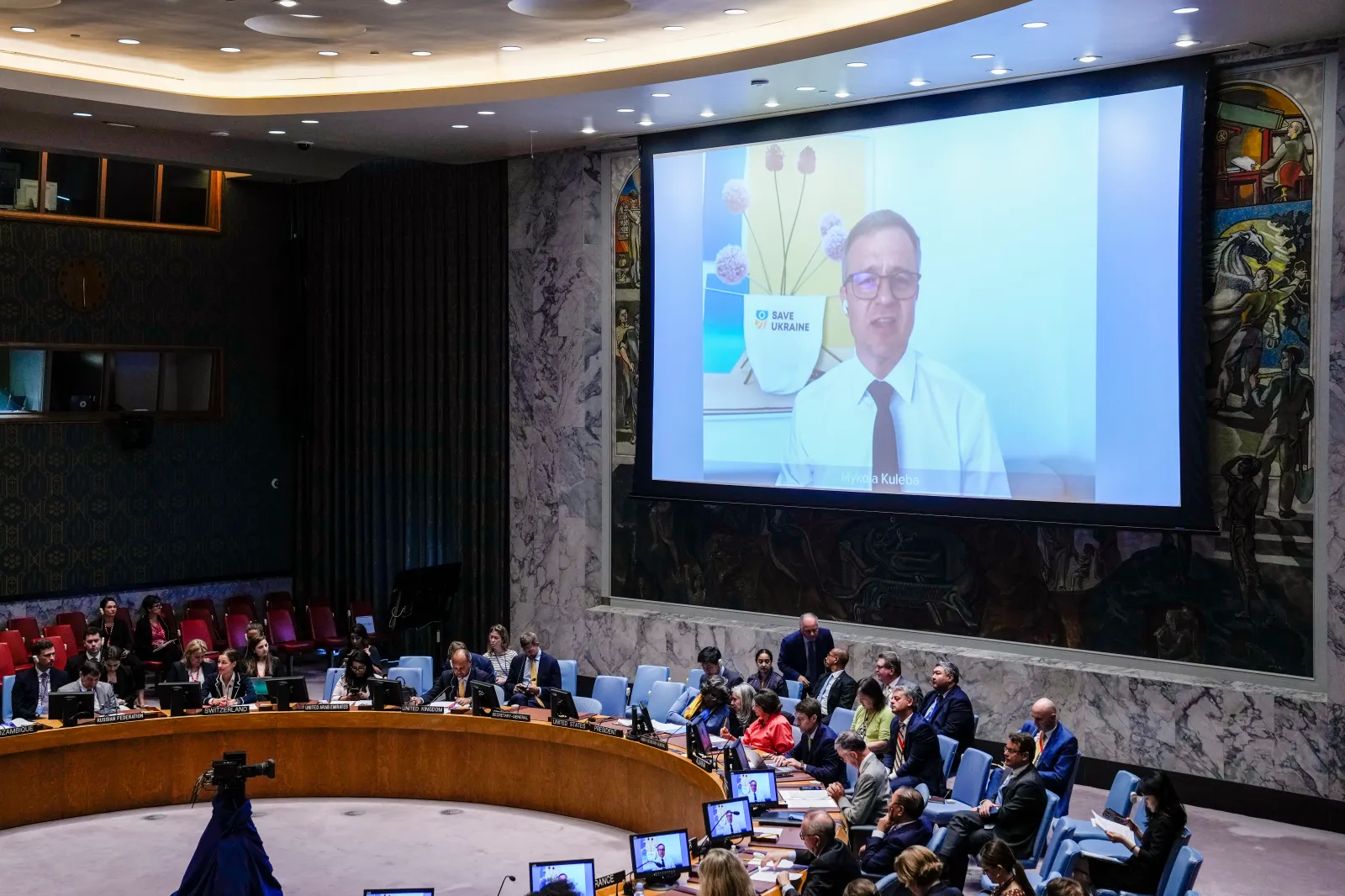 Mykola Kuleba, Ukrainian politician and CEO of Save Ukraine, speaks via video call during a meeting of the United Nations Security Council to discuss the war in Ukraine on August 24, 2023, at United Nations headquarters. (AP Photo/John Minchillo)