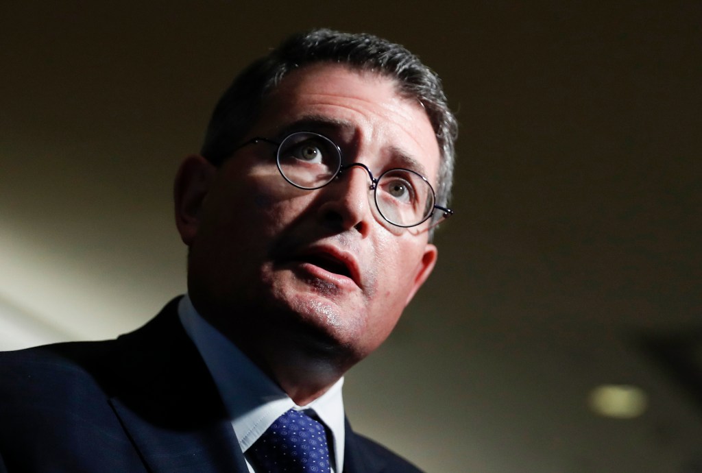 FILE - Federalist Society Executive Vice President Leonard Leo speaks to media at Trump Tower in New York, Nov. 16, 2016. Democrats on the Senate Judiciary Committee voted Thursday to authorize subpoenas for two prominent conservatives who arranged luxury travel and other benefits for Supreme Court justices, but Republicans planned to object to the legitimacy of the action. The panel’s Democratic chairman, Illinois Sen. Dick Durbin, pushed through the vote in the meeting's final moments Thursday after Republicans walked out of the meeting. (AP Photo/Carolyn Kaster)
