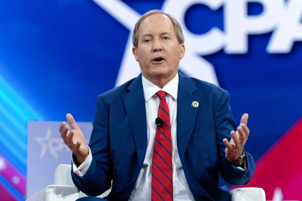 FILE - Texas Attorney General Ken Paxton speaks during the Conservative Political Action Conference, CPAC 2024, at the National Harbor in Oxon Hill, Md., Feb. 23, 2024. (AP Photo/Jose Luis Magana, File)