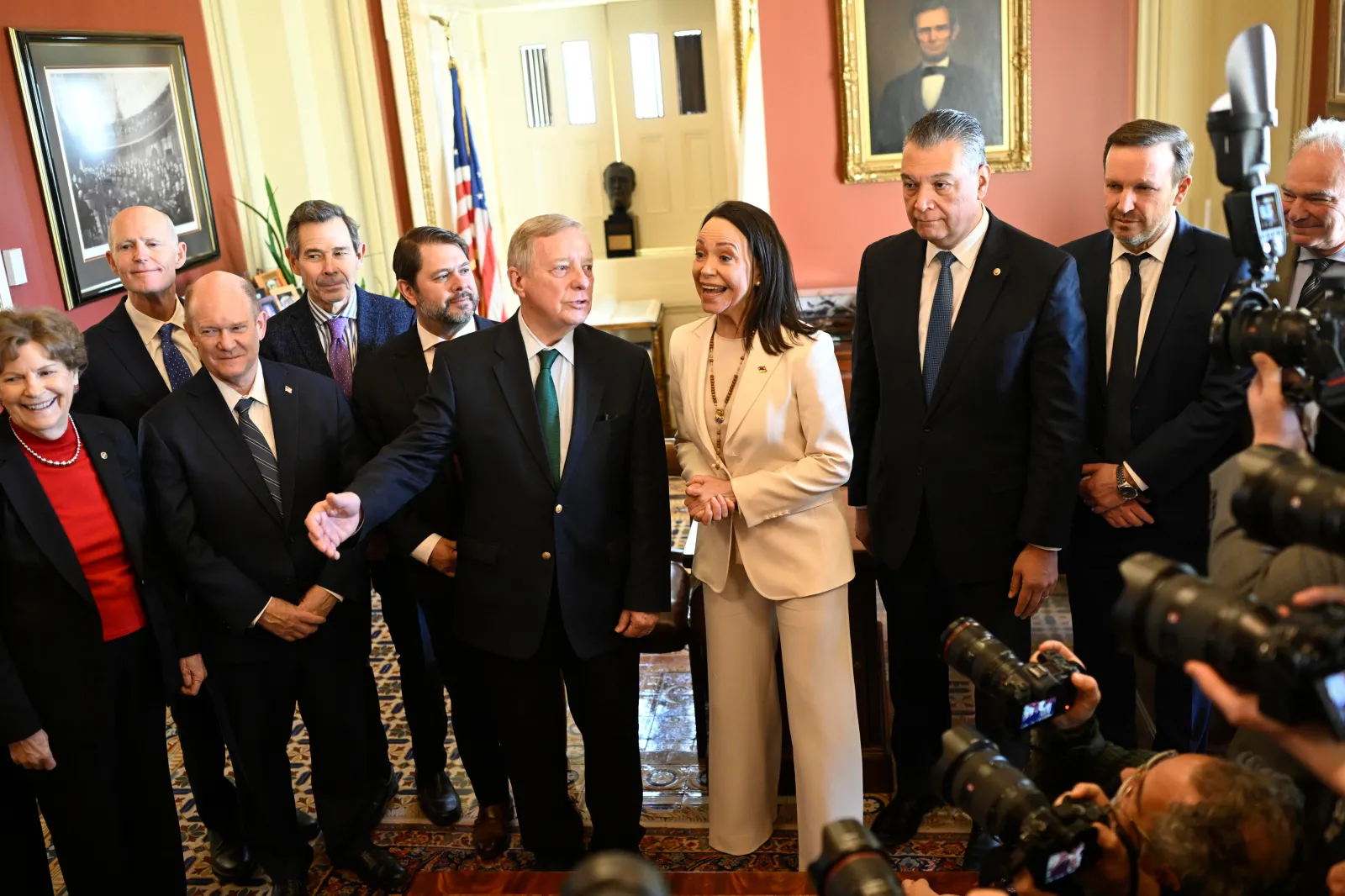 U.S. Senate Democratic Whip Dick Durbin and Senator Jeanne Shaheen host Venezuelan opposition leader and Nobel Peace Prize recipient María Corina Machado, along with Senators Rick Scott, John Curtis, Jacky Rosen and Chris Murphy in Washington, D.C., on January 15, 2025. (Photo by Mattie Neretin/Sipa USA via AP Images)