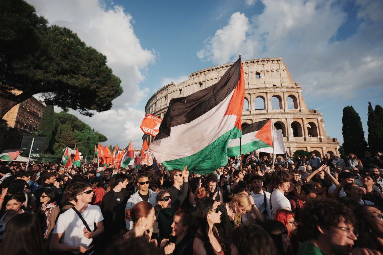 People stage a protest in Rome on April 30, 2026, after activists attempting to break Israel’s maritime blockade of Gaza say Israeli forces have intercepted the Global Sumud Flotilla near the southern Greek island of Crete